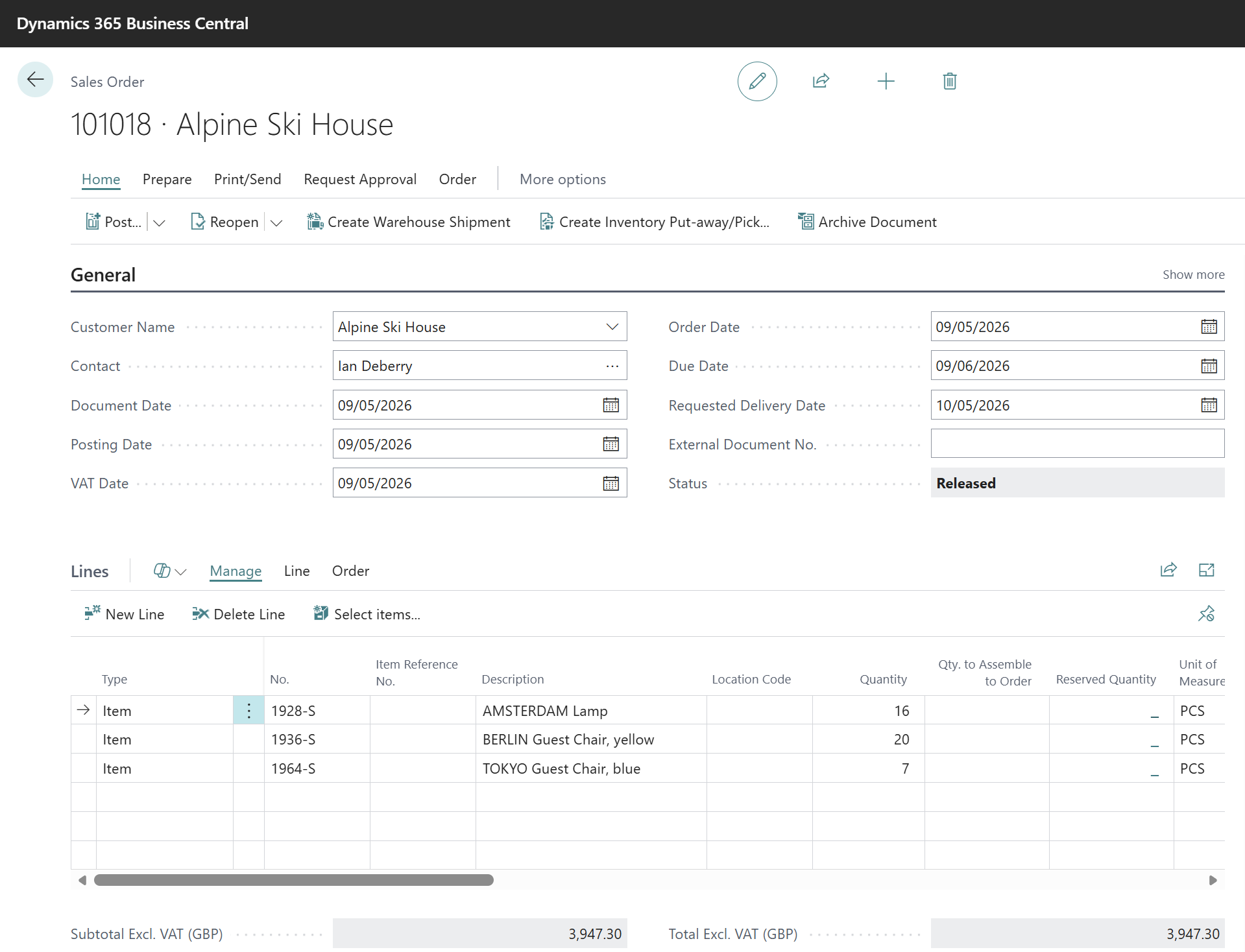 Sales order 101018 for Alpine Ski House in Business Central, status Released